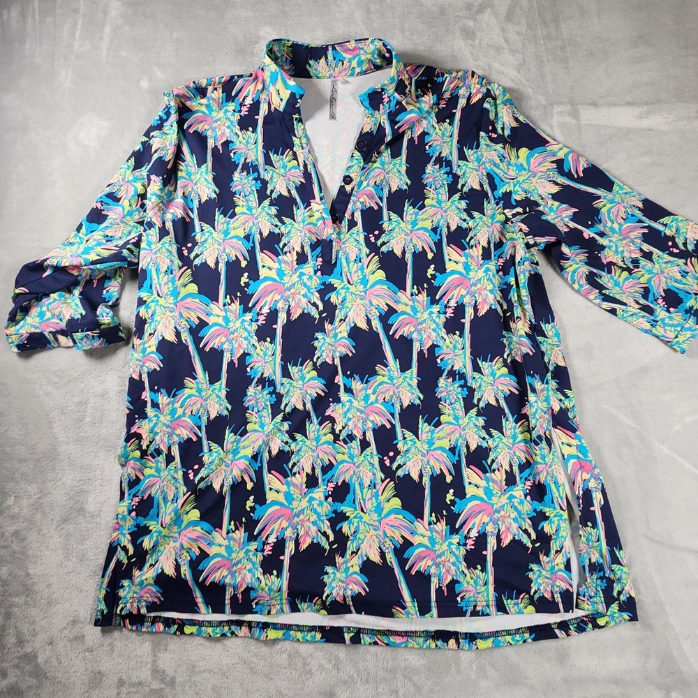 Lulu-B 1X Colorful Palm Tree Blouse Ruffle Neck UPF 50+ Top Resort Beachwear
